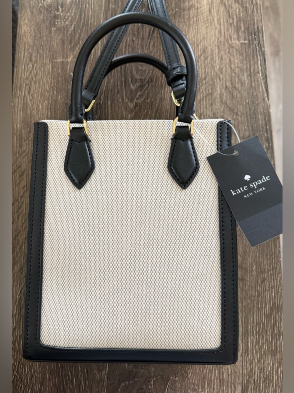 NWT Kate Spade Mini Ellie Tote Black Leather with Tan Straw Canvas - Picture 4 of 11